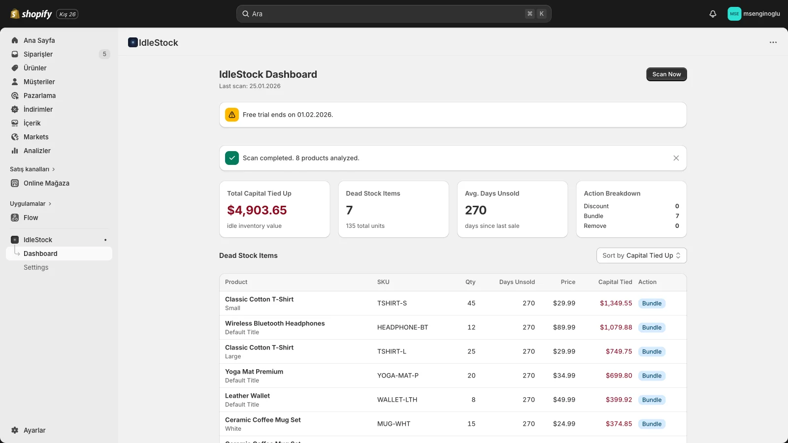 IdleStock - Shopify Stok Yönetim Uygulaması ön izleme